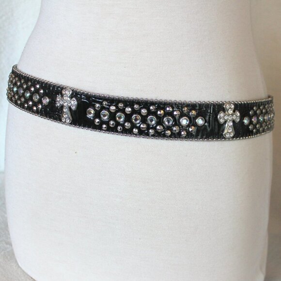 Western Black Bling Cross Belt & Buckle Clear Crystal Accent Genuine Leather SM main image 5